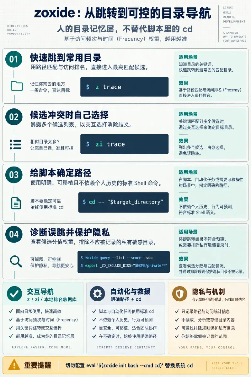 zoxide 目录导航任务路径:用 z trace 快速跳转、用 zi trace 处理候选冲突、在脚本中用 cd 明确路径,并通过查询候选分数和排除私有目录诊断误跳、保护隐私