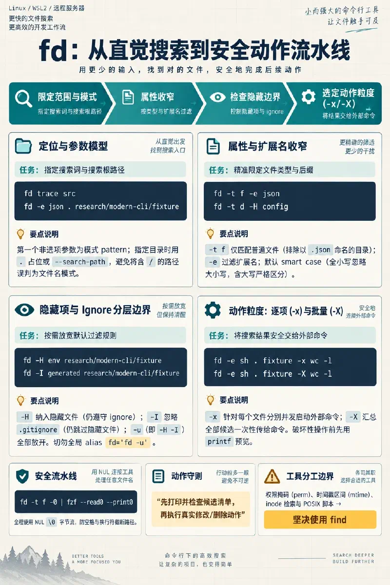fd 文件搜索与动作流程：指定名称和目录、按类型与扩展名收窄、检查隐藏项和 ignore 边界、选择 -x 逐项或 -X 批量执行，并用 NUL 记录安全接入 fzf