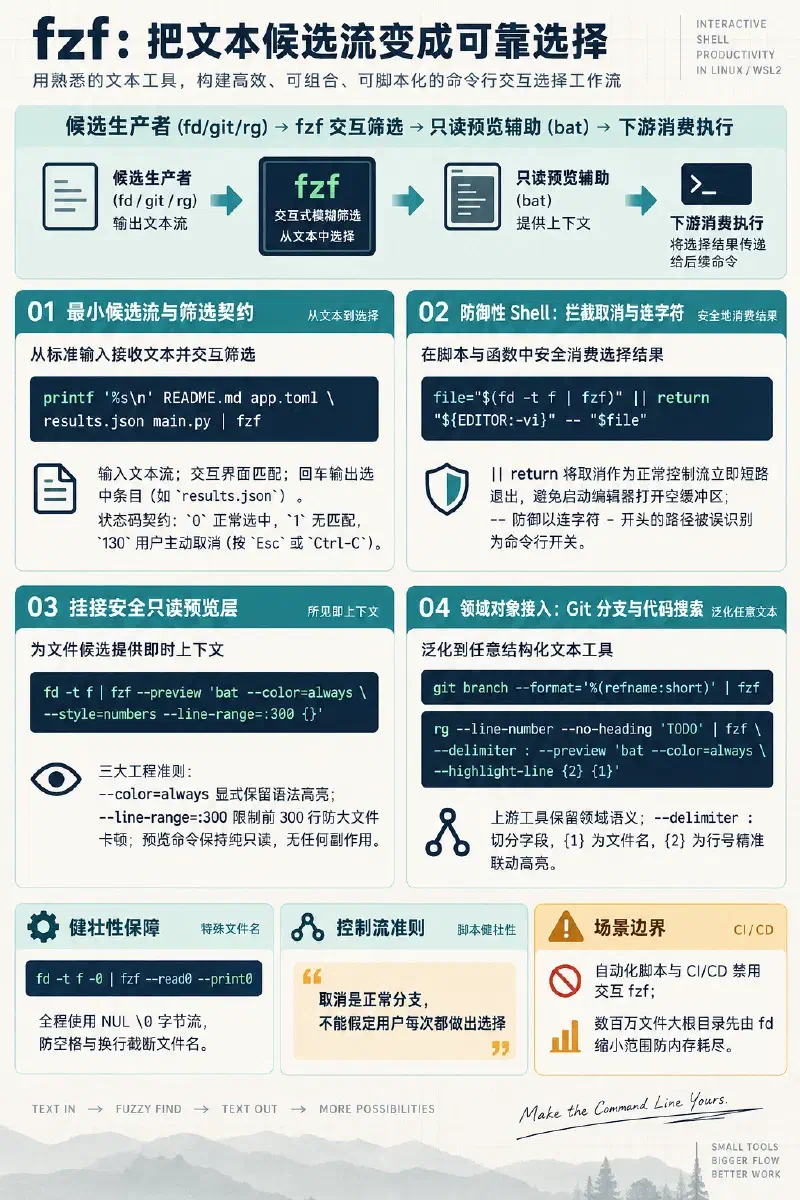 fzf 可靠选择流程：从最小候选流筛选、取消时阻止编辑器启动、用 bat 只读预览文件，并从 Git 分支或 rg 结果等领域对象中选择，特殊文件名使用 NUL 协议