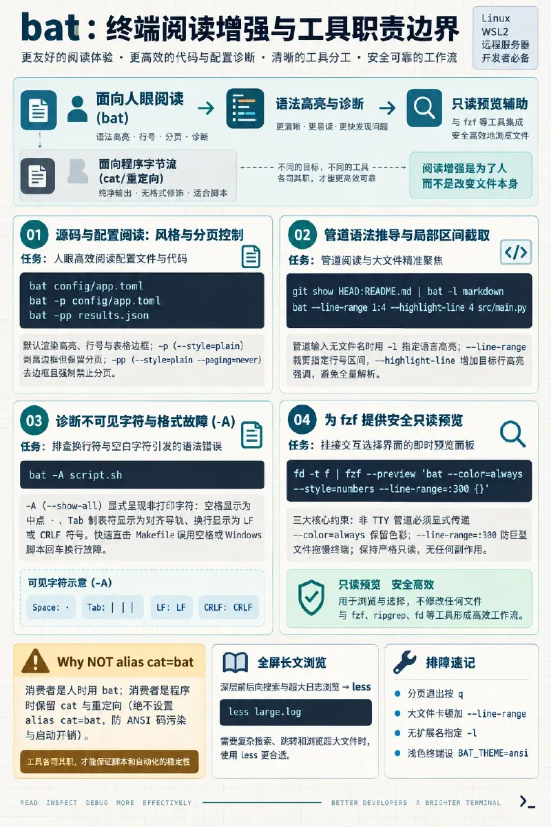 bat 工具边界与任务:阅读配置、检查不可见字符、为管道中的源码指定语言、给 fzf 提供限量只读预览,以及用 cat 和重定向合并原始字节流