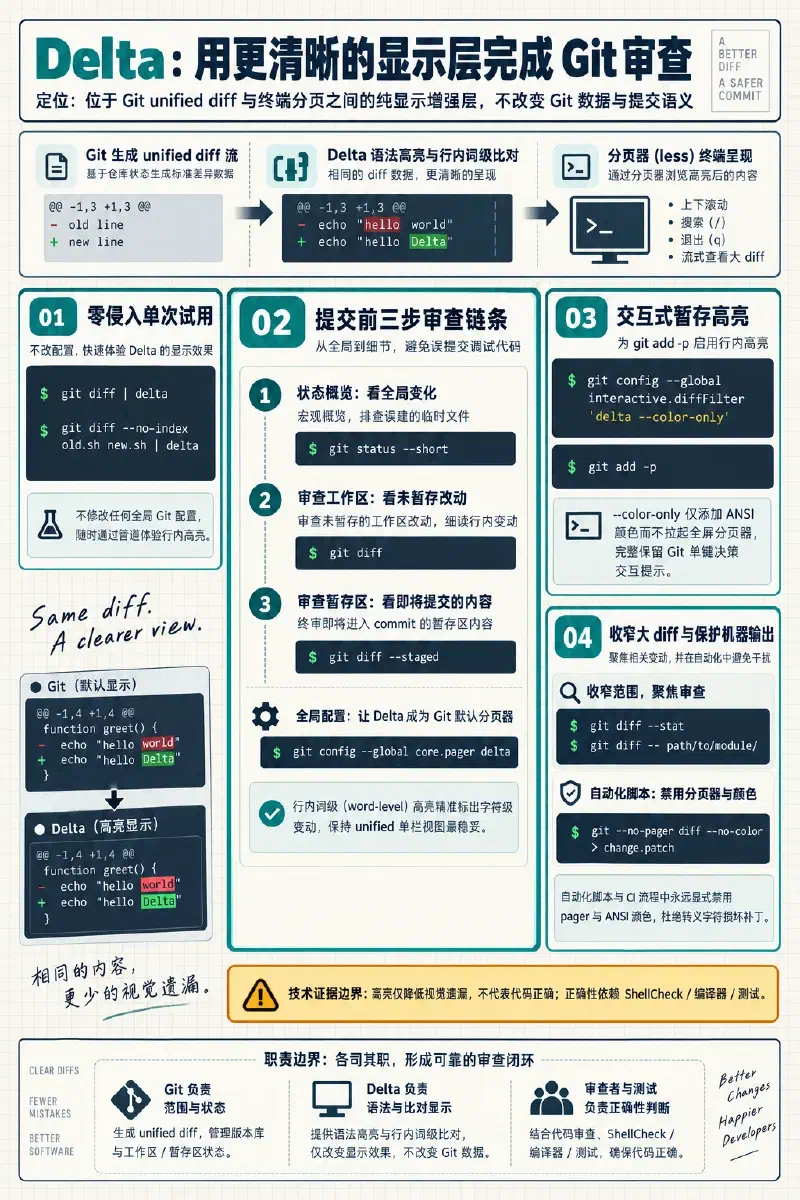 Delta 的 Git 审查工作流：单次试用显示层，依次检查状态、未暂存与已暂存修改，为交互式 stage 着色，收窄大型 diff，并为机器输出关闭 pager 与颜色