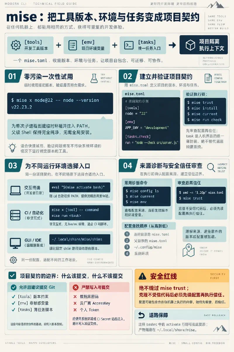 mise 项目契约路径:一次性试用 Node 22,用 tools、env 和 tasks 建立并验证可提交配置,为交互终端、CI、脚本和 IDE 选择入口,并诊断配置来源、审查后再信任