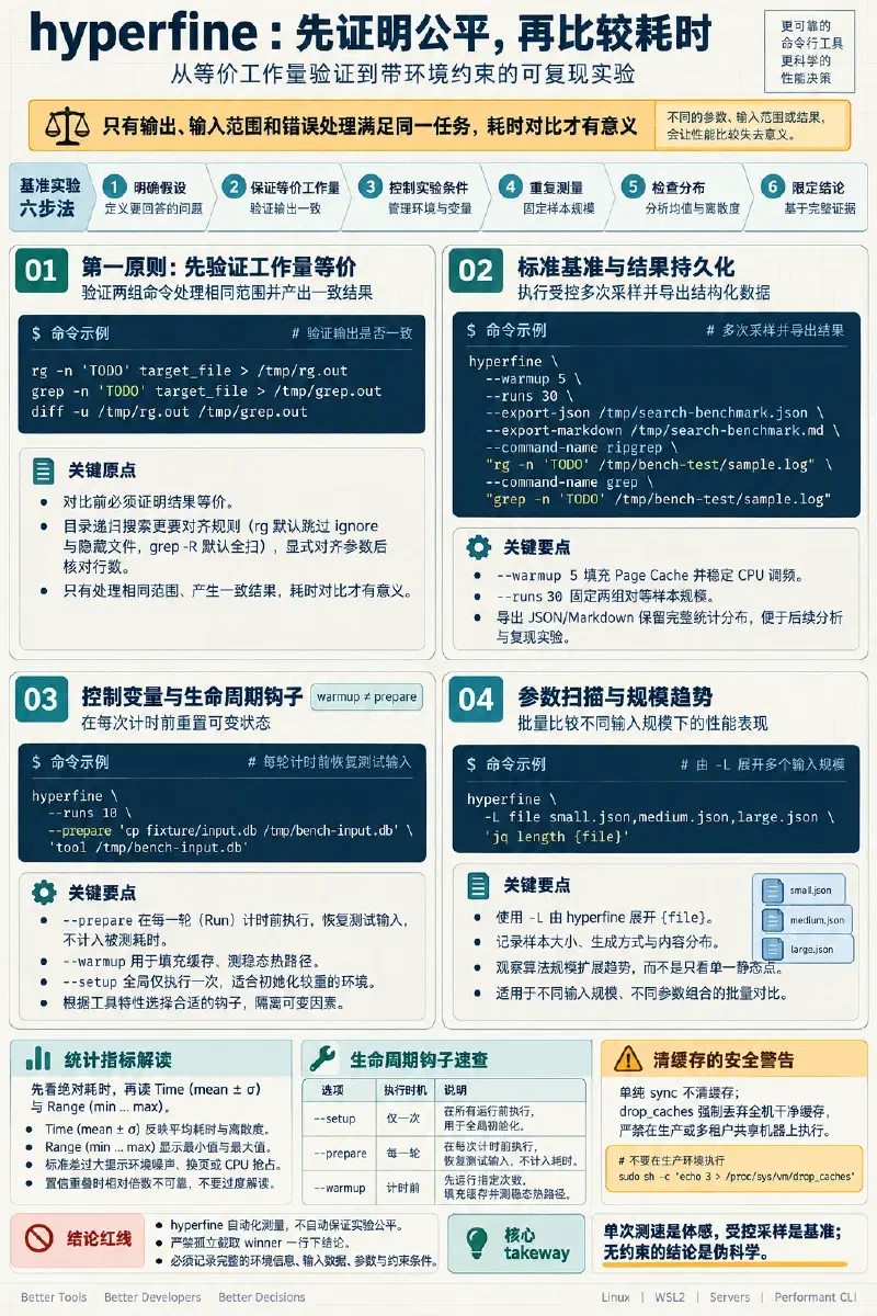 用输出对比证明工作量等价，再以预热、重复测量、prepare、参数列表和结果导出建立可复核基准