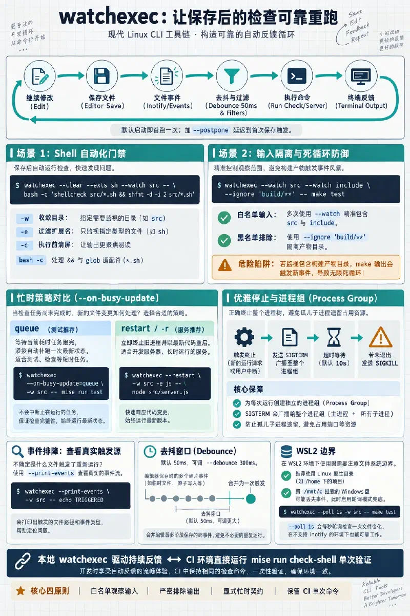 用 watchexec 连接保存与检查,限定输入、忽略构建输出、调试事件,并为测试和开发服务器选择 queue 或 restart