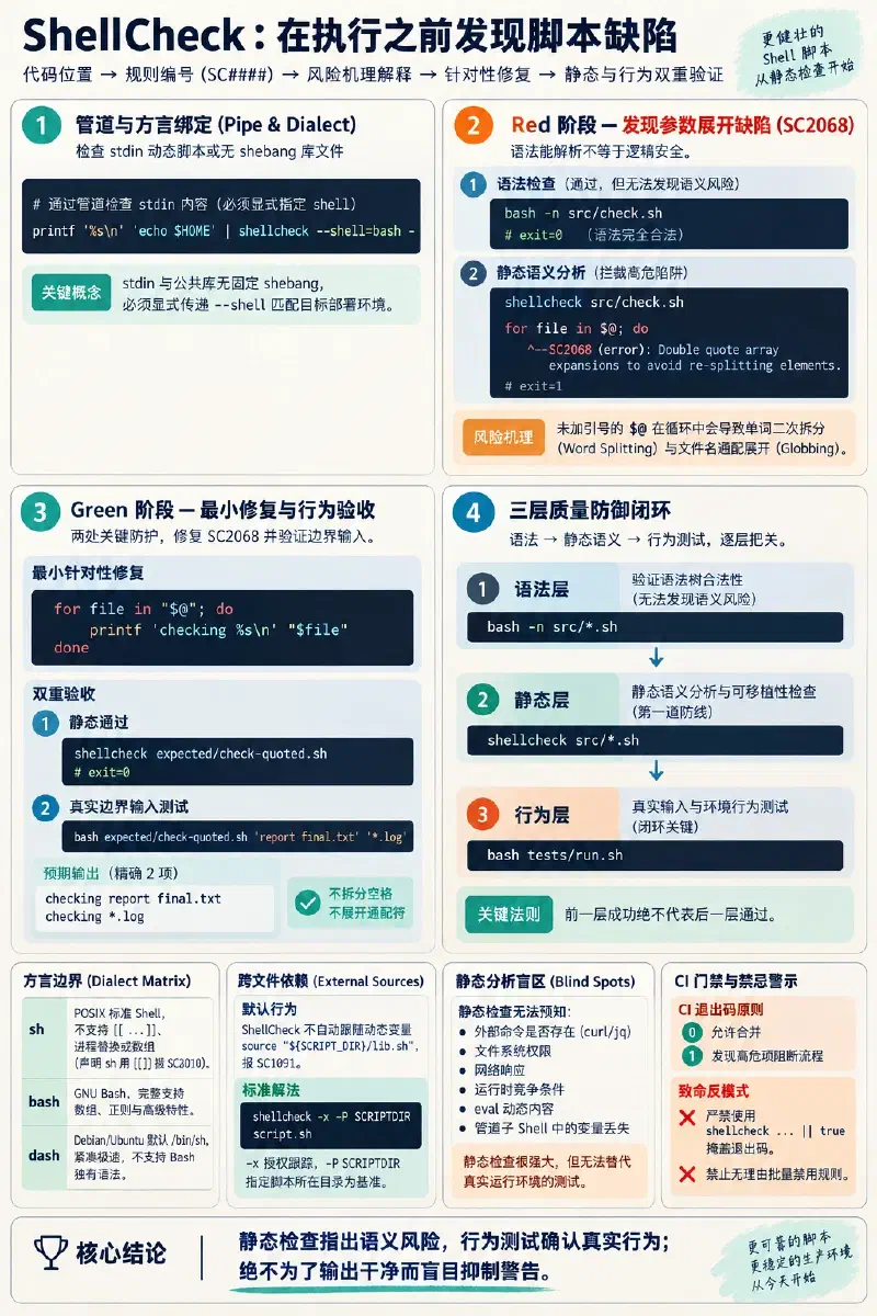 按正确 Shell 方言运行 ShellCheck,从 SC2068 理解参数边界、完成最小修复,并用语法、静态和行为检查验收