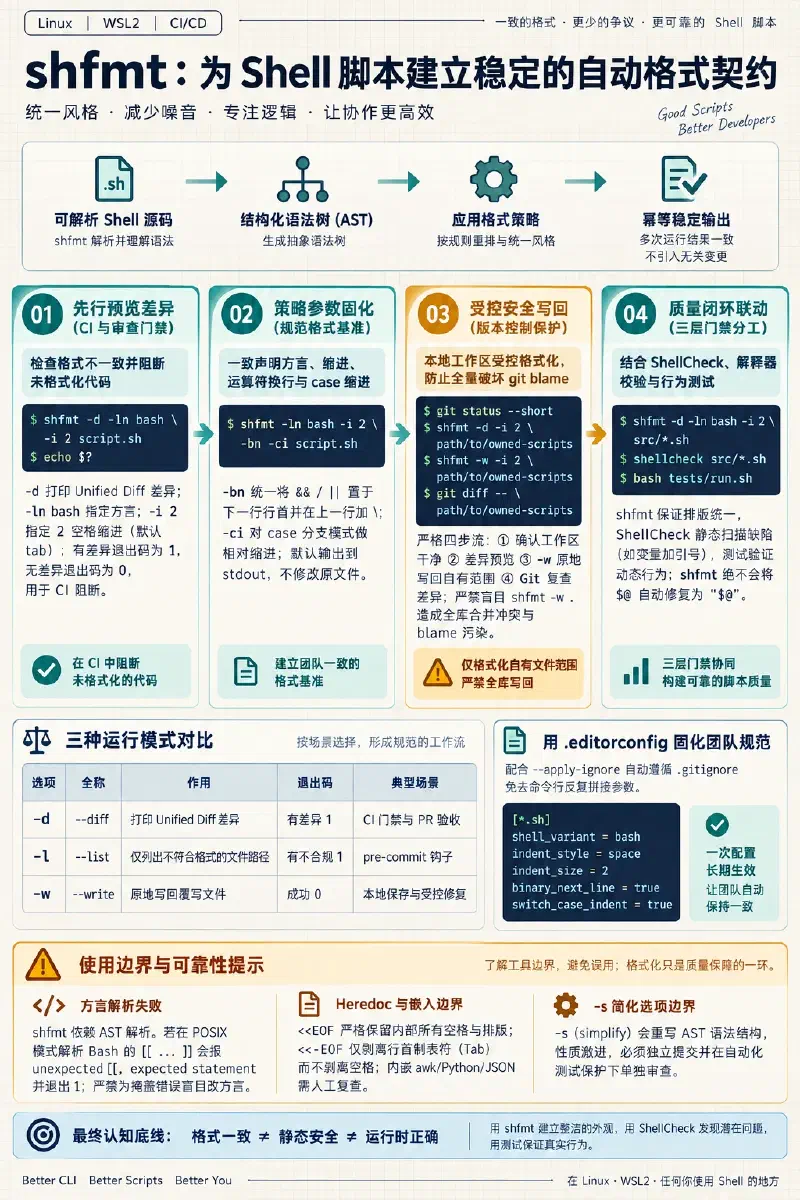 为 shfmt 固定 Shell 方言和格式策略，先预览差异、再在受控范围写回，并结合 ShellCheck 与行为测试验收