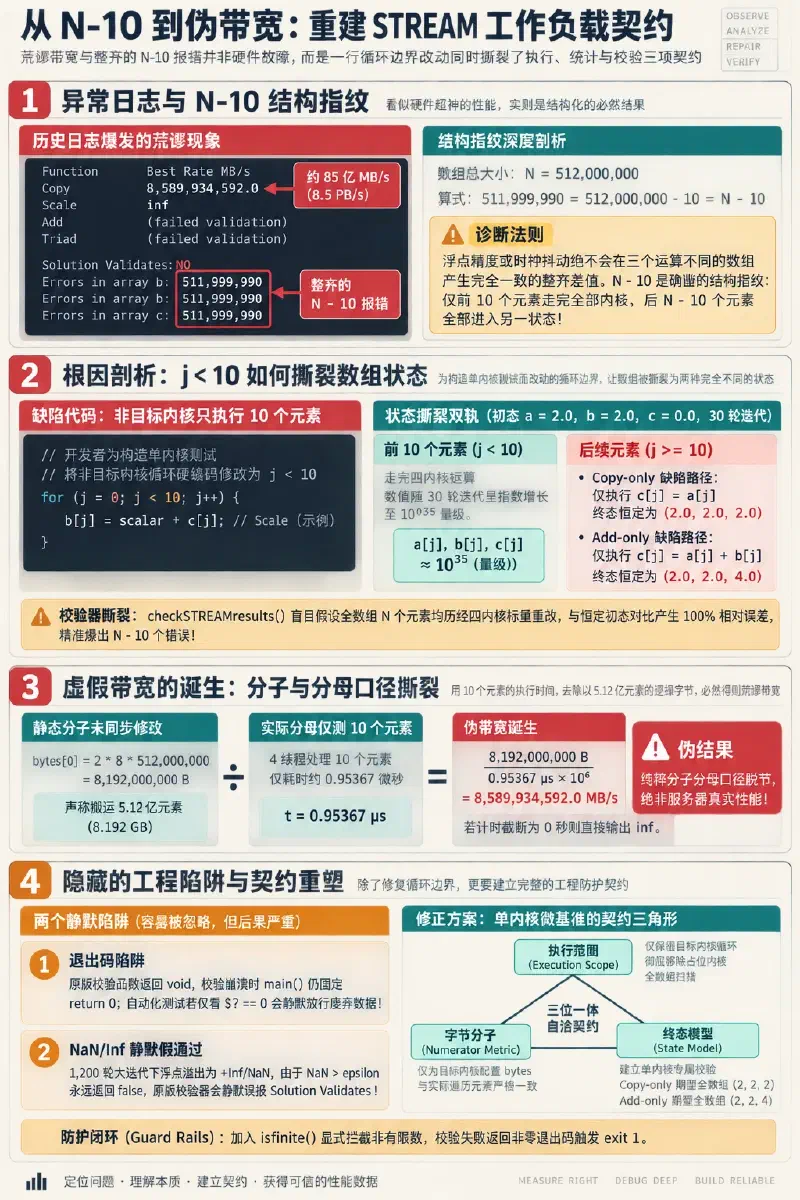 从 N-10 校验错误和伪带宽定位十元素循环缺陷，并为 Copy-only 与 Add-only 重建执行、统计和校验契约