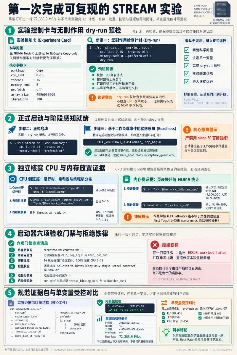 Copy-only STREAM 从实验卡、dry-run 和正式运行,到阶段就绪、CPU 与内存证据、校验、证据包和单变量比较的完整流程