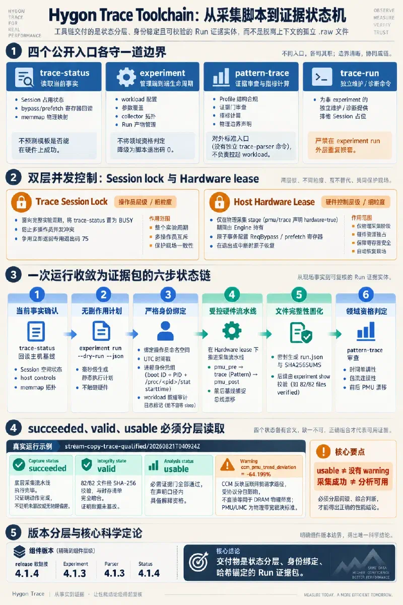 Hygon Trace Toolchain 从四个公开入口、可审计划和受控采集,到完整性校验、分析资格与状态解释的证据生命周期