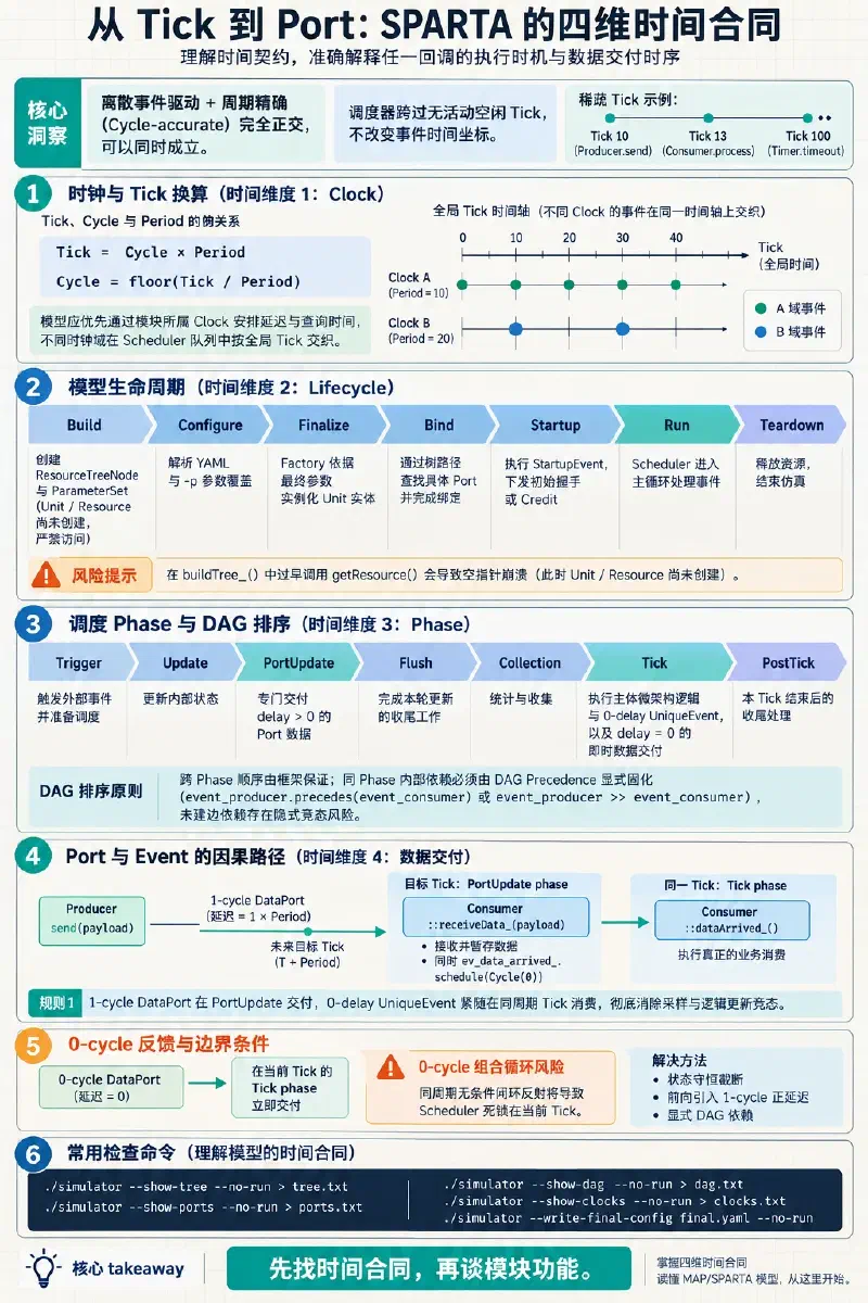 SPARTA 全文时间模型总结，包括离散事件推进、Clock 与 Tick 换算、Phase 和 DAG 排序、Port 与 Event 可见性及结构核验命令