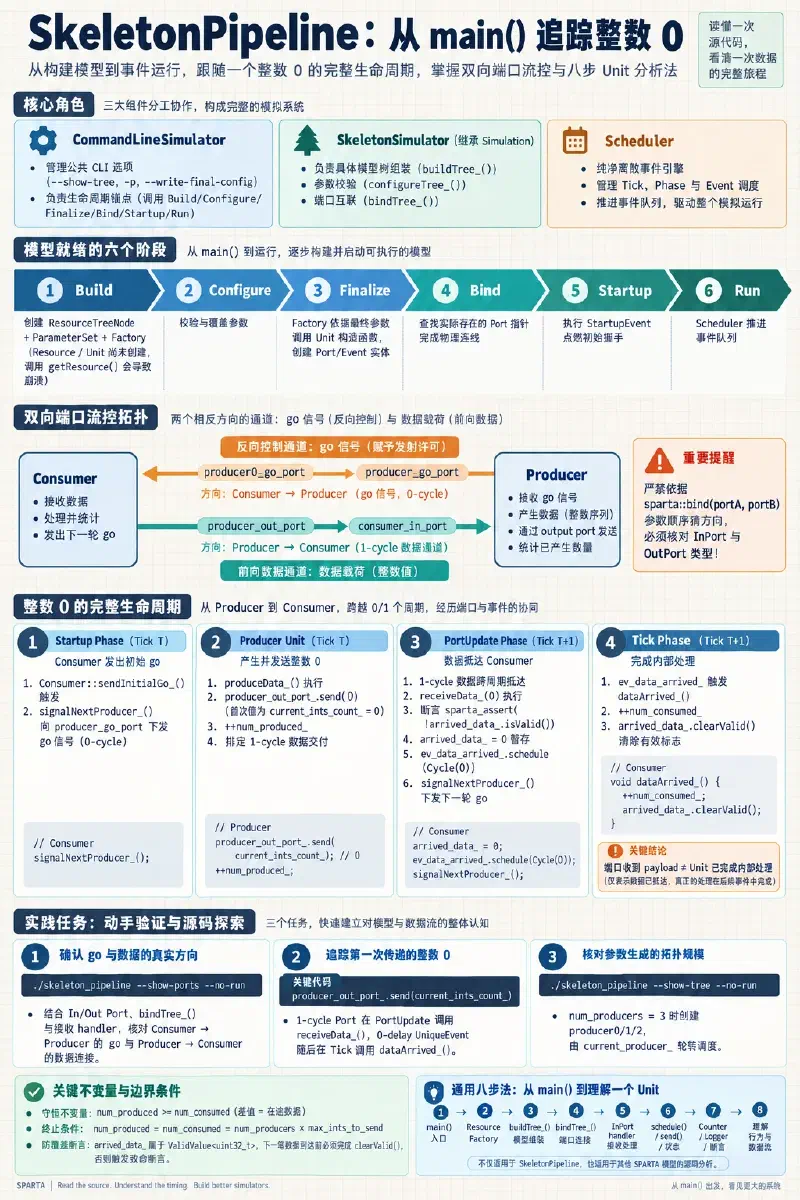 SkeletonPipeline 从 main() 完成模型组装并追踪整数零经过反向 go 信号、1-cycle DataPort、0-delay UniqueEvent、状态与计数器的全过程