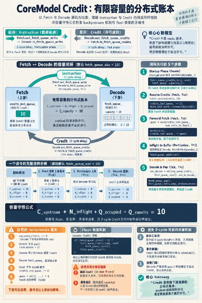 CoreModel Decode 有限队列的 Credit 容量循环,包括 Instruction 与 Credit 的相反方向、容量守恒、反压链、flush 恢复和可见时序
