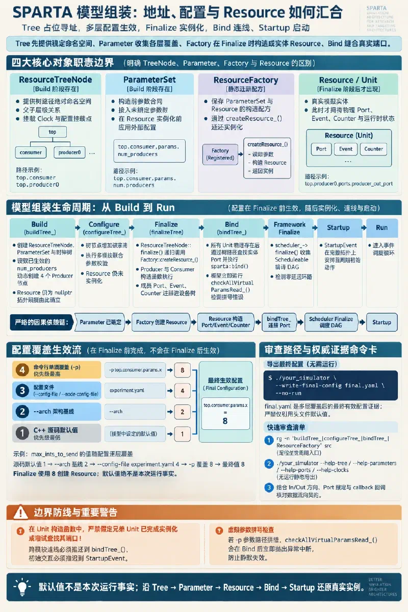 SPARTA 模型组装全景,包括 Tree、ParameterSet、Factory 与 Resource 边界,Build 到 Run 生命周期、配置覆盖流和最终配置核验