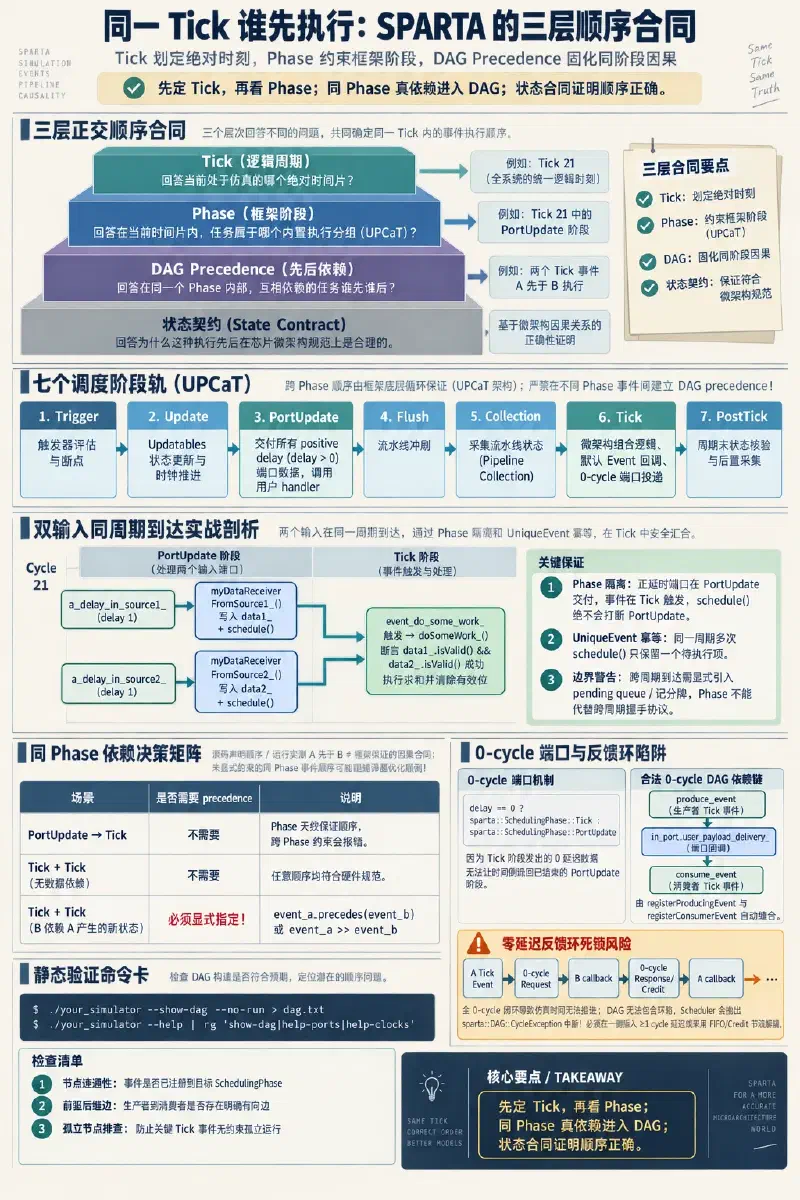 SPARTA Tick、Phase 与 DAG 三层顺序合同，包括双输入同周期处理、precedence 选择以及合法零周期路径与反馈环风险